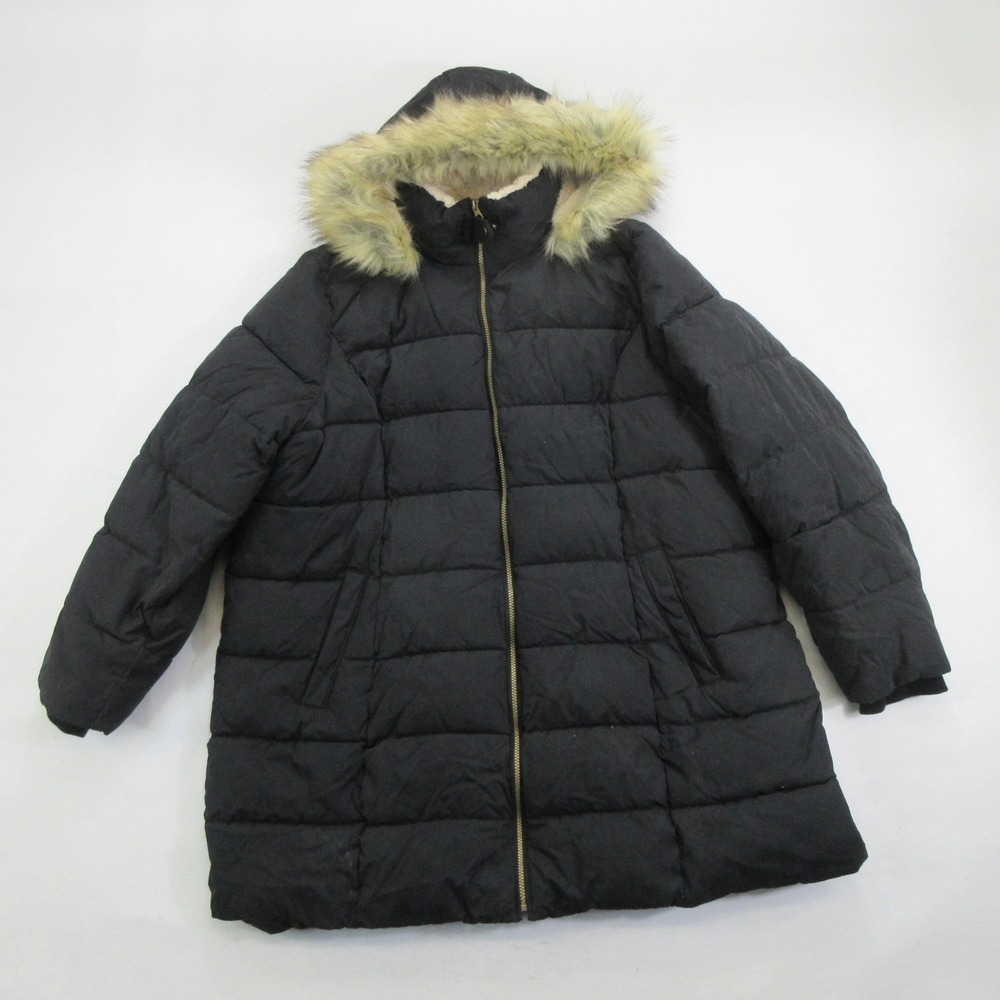 St. John's Bay Women's Coat 3X Puffer Jacket Faux Fur Hood Storm Cuffs Black New